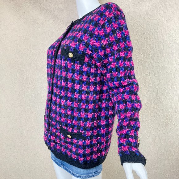 Emma Camusso Vintage Wool Chunky Knit Cardigan Pink Black Purple XL - Picture 5 of 14